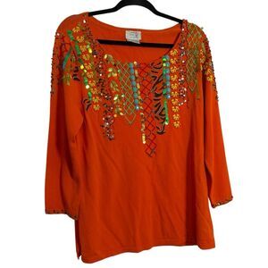 Just Be Vintage Orange Embroidered Beaded Blouse XL